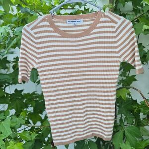 Cashmere Project XS Tan Cream‎ Striped 100% Cashmere Ribbed Tee Preppy Neutral